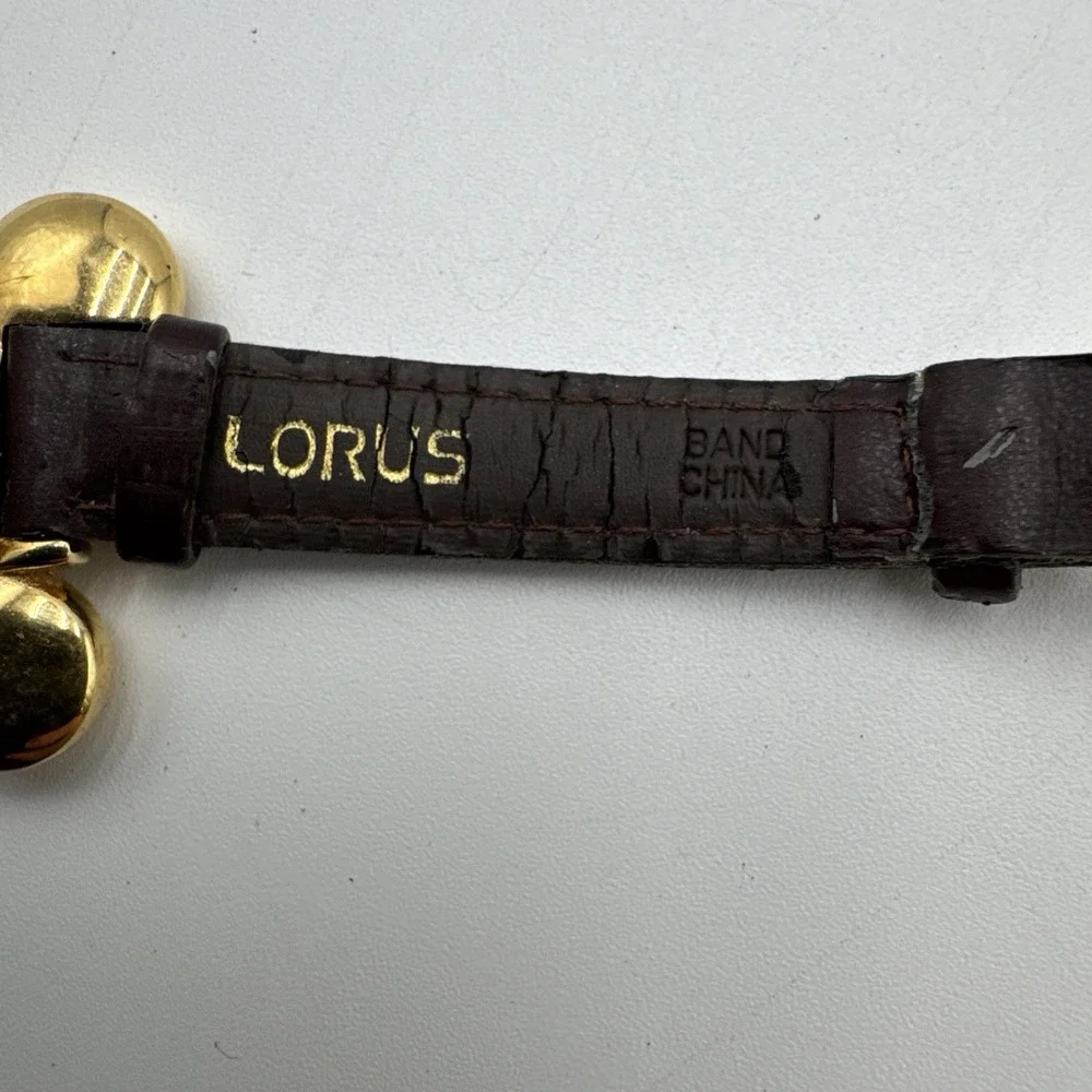 VTG LORUS Goldtone MICKEY MOUSE watch Lotus Brown Faux Leather Peeling Untested